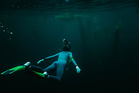 girl wearing grey wetsuit and green flippers underwater photography thumbnail