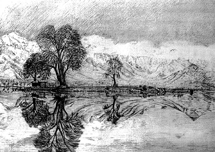 Dal Lake landscape black ink thumbnail