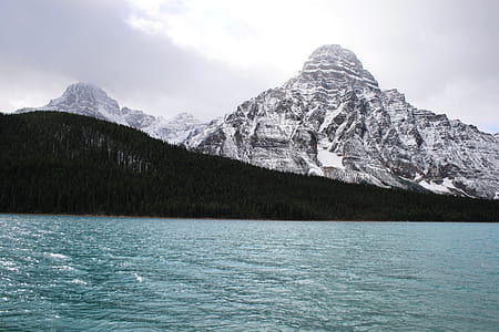 body of water near pine trees and glacier mountains at daytime thumbnail