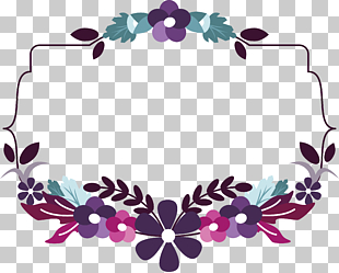 Blue flower title box, purple and teal floral wreath illustration PNG clipart