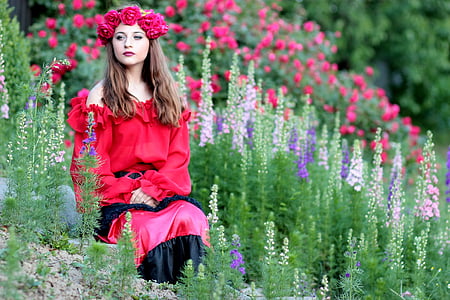 woman wearing red dress surrounded hyacinth flower thumbnail