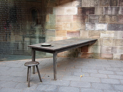 rectangular brown wooden table beside stool thumbnail