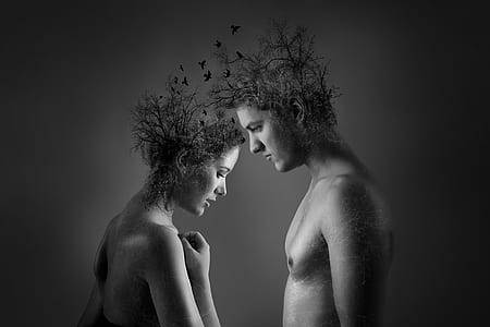 greyscale photo topless woman and man art thumbnail