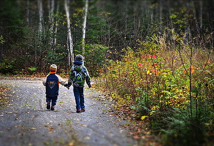 two toddlers waling on the street during daytime photographyt thumbnail