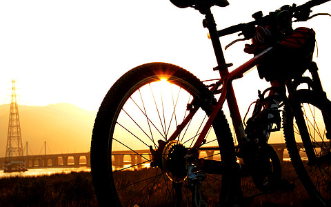 red hardtail mountain bike parked on grass field during golden hour thumbnail
