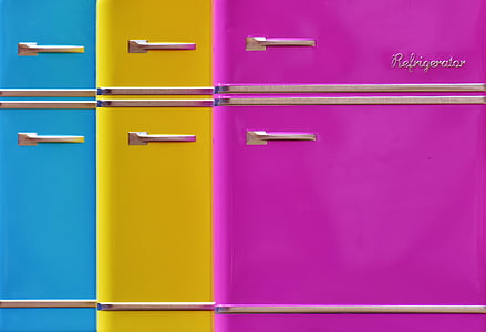 three blue, yellow, and purple refrigerators thumbnail