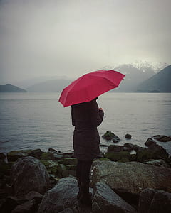 person holding umbrella while facing body of water thumbnail