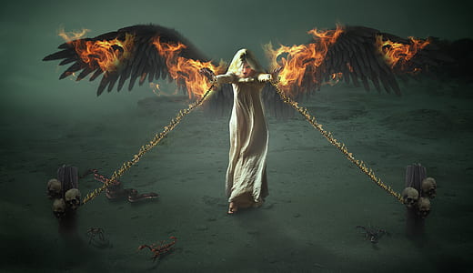woman in white dress with gray wings holding chain illustration thumbnail