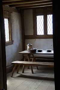 brown wooden table near wall thumbnail