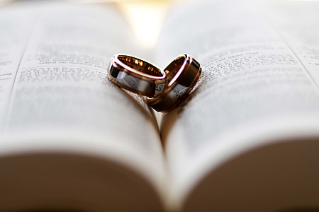 couple gold band rings on book photography thumbnail