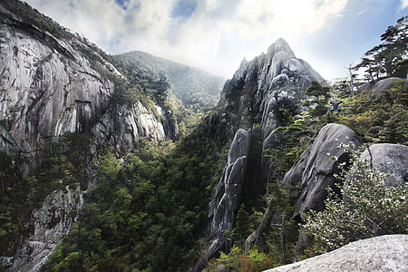 gray cliff near trees under cloudy sky thumbnail