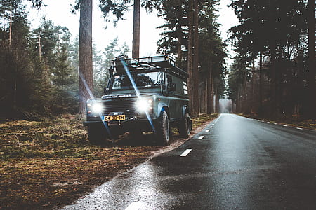 black Land Rover Defender SUV parked beside tree thumbnail