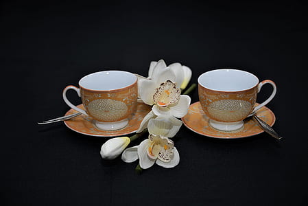 two brown-and-white teacups with saucer beside white orchid flower thumbnail