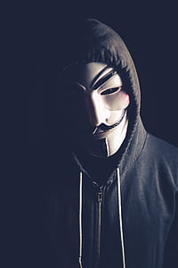 person in Guy Fawkes mask and grey zip-up drawstring hoodie thumbnail