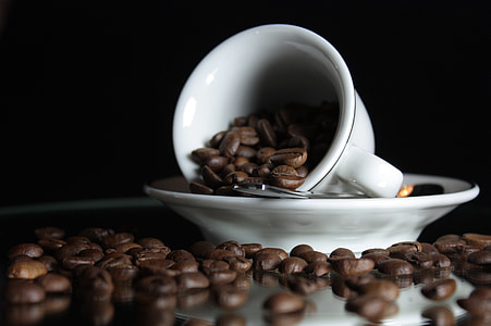 selective focus photo of white ceramic teacup on saucer with coffee beans thumbnail
