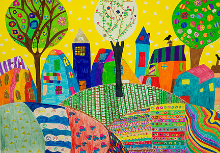 city near mountain and hills painting thumbnail