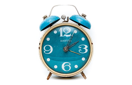 round brass-colored and blue alarm clock thumbnail