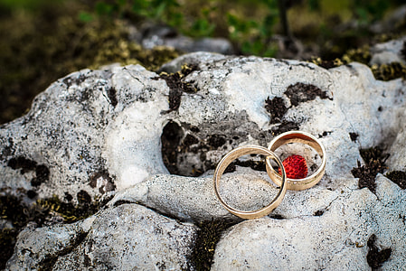 shallow focus photography of two silver rings on gray stone thumbnail