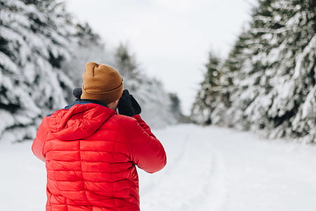 man wearing bubble jacket walking between trees thumbnail
