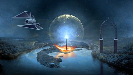 gray satellite with energy ball and gray arc graphic wallpaper thumbnail