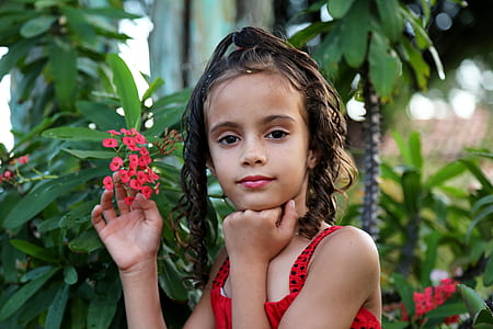 girl holding red flowering plant thumbnail