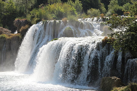 timelapse photography of waterfalls beside trees thumbnail