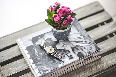 round silver-colored analog watch with link band beside gray potted purple petaled flower thumbnail