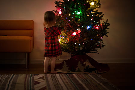Girl in Red and Black Dress Standing in Front of Christmas Tree Inside Room thumbnail