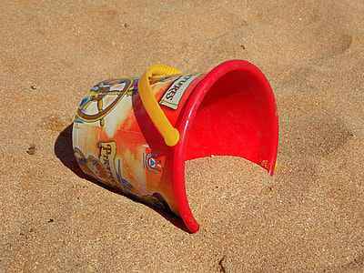 plastic bucket on brown sand thumbnail