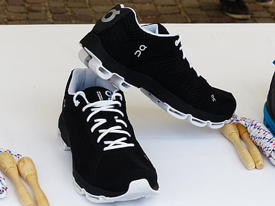 pair of black high-top lace-up shoes on white surface thumbnail