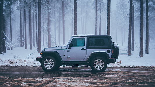 grey and black Jeep Wrangler SUV on road near snow field and trees thumbnail