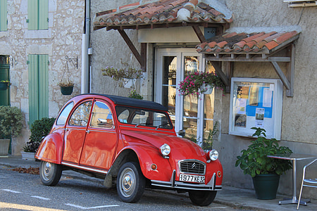 classic red car parked outside the building thumbnail
