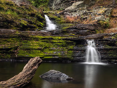 Lower section of Factory Falls - as viewed at the bottom of the lower falls - is one of three main waterfalls at George W. Childs Recreation Site in Dingmans Ferry, PA, within the Delaware water Gap National Recreation. thumbnail