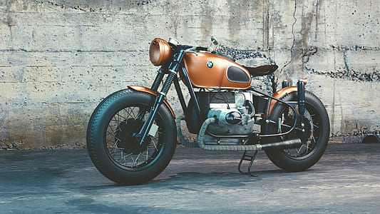 Orange and Black Bmw Motorcycle Before Concrete Wall thumbnail