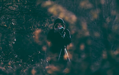 person in black hoodie in middle of trees thumbnail