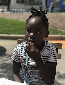 Girl with her fingers in Mouth While Sitting on a Wooden Chair thumbnail