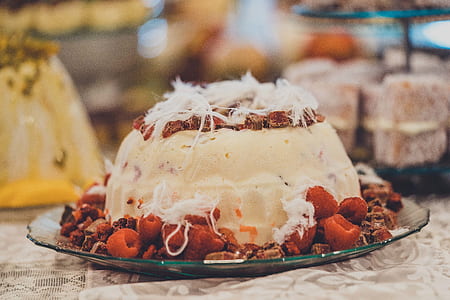 pastry with strawberries on glass plate thumbnail