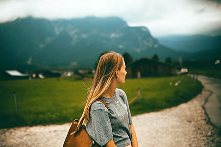 road, mountains, woman, field thumbnail
