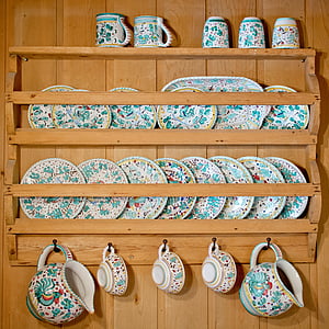 brown wooden floating dinnerware shelf with blue floral ceramic dinnerwares thumbnail