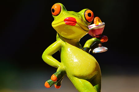 green ceramic frog holding cocktail glass figurine thumbnail