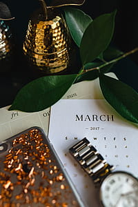 Home office desk with Macbook, iPhone, calendar, watch & organizer thumbnail