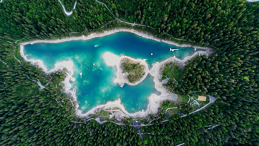 areal photography of body of water surrounded by trees thumbnail