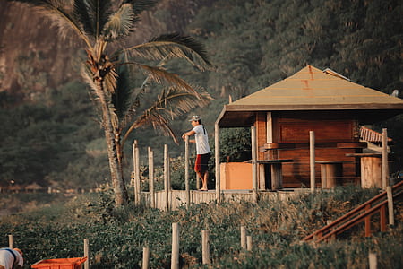 man leaning on white post near palm tree thumbnail