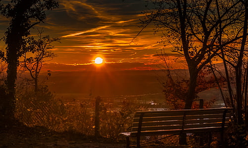 photogaphy of brown wooden bench while sunset thumbnail
