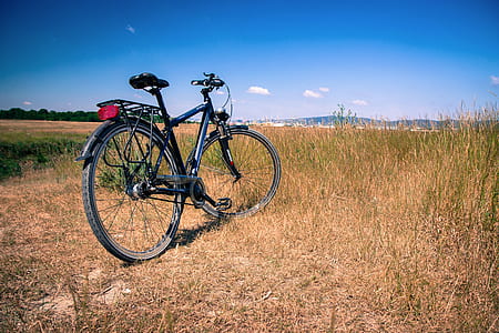 black commuter bike parked on brown grass field at daytime thumbnail