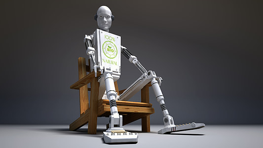 white android robot sitting on brown Adirondack chair thumbnail