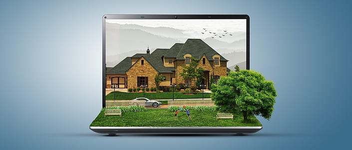 black laptop computer with green grasses and trees near brown and grey house during daytime display thumbnail