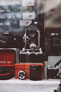vintage gray and black camera on red box thumbnail