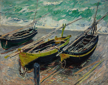 green, black, and gray three canoes near body of water painting thumbnail