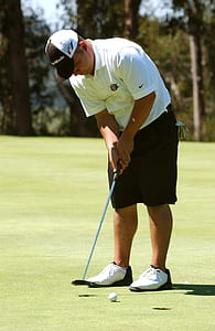 man wearing white Nike polo shirt and black shorts outfit playing golf during daytime thumbnail
